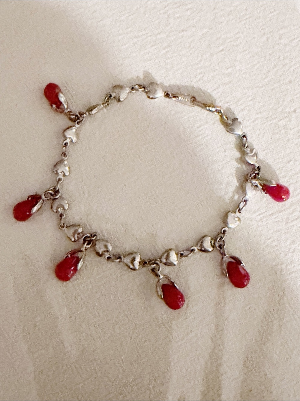 Vintage 18KGP Heart Link Charm Bracelet Red Teardrop Stones Silver Patina
